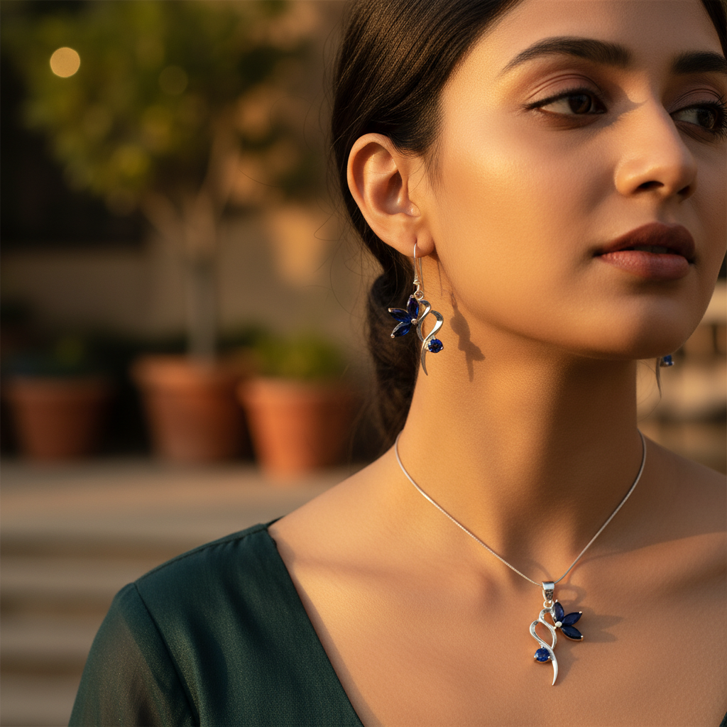 925银蓝宝石花朵耳环及吊坠套装