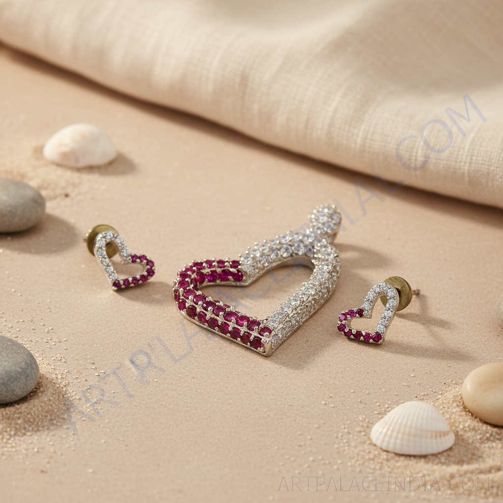 Conjunto de aretes y colgante de rubí con corazón de plata | Regalo para ella