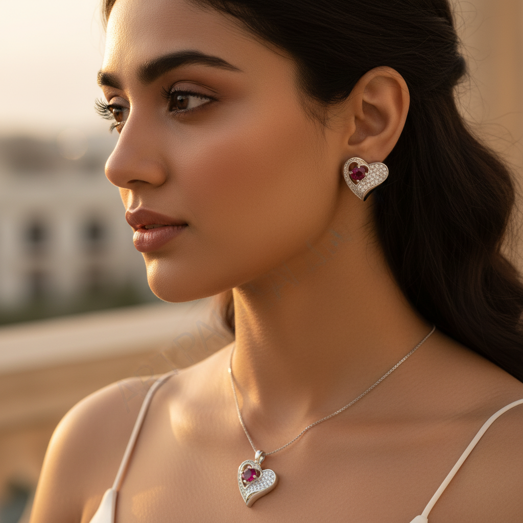 Pendientes de plata con forma de corazón y rubí para mujer | Joyas de regalo