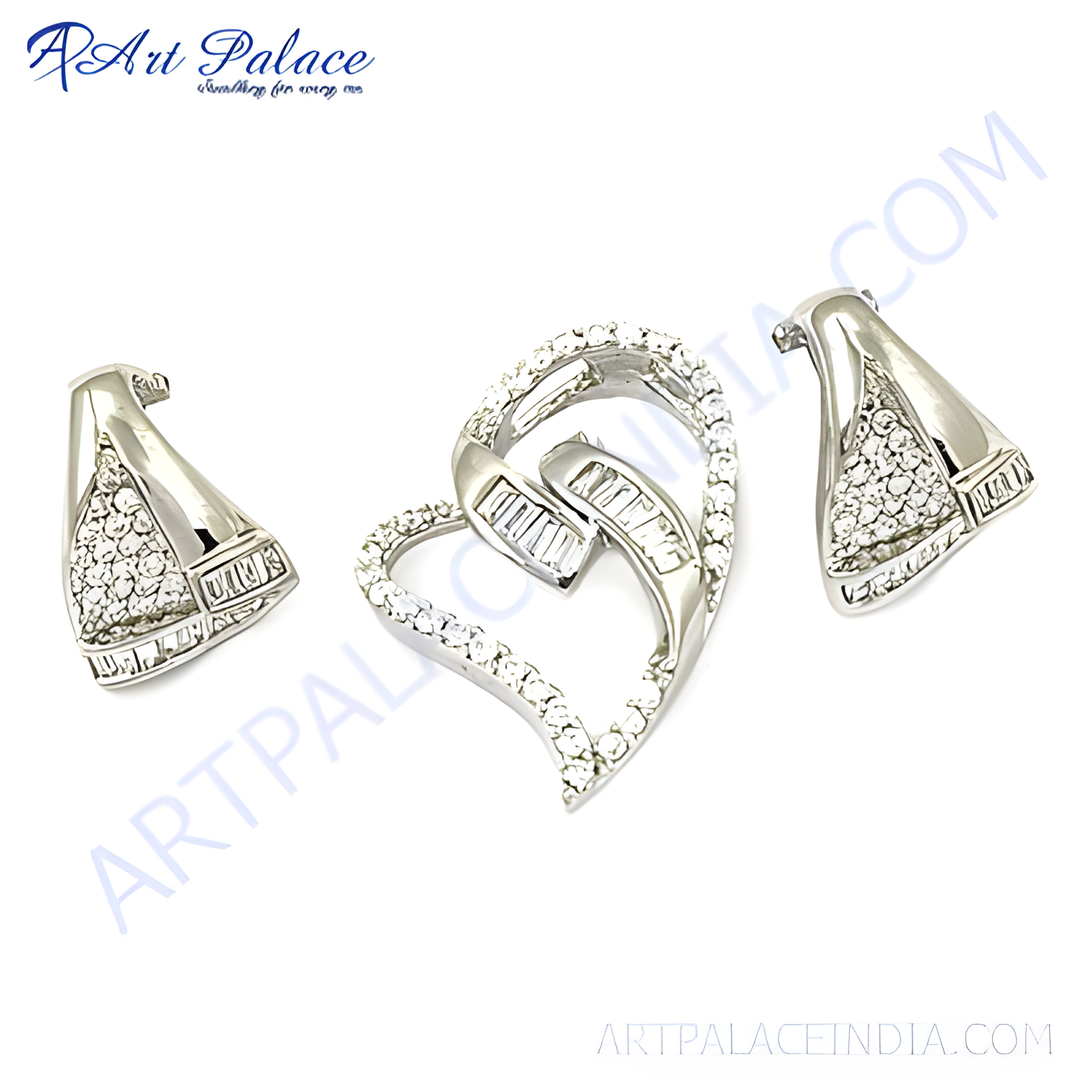 Silver heart pendant and earrings set with sparkling diamonds, elegant design