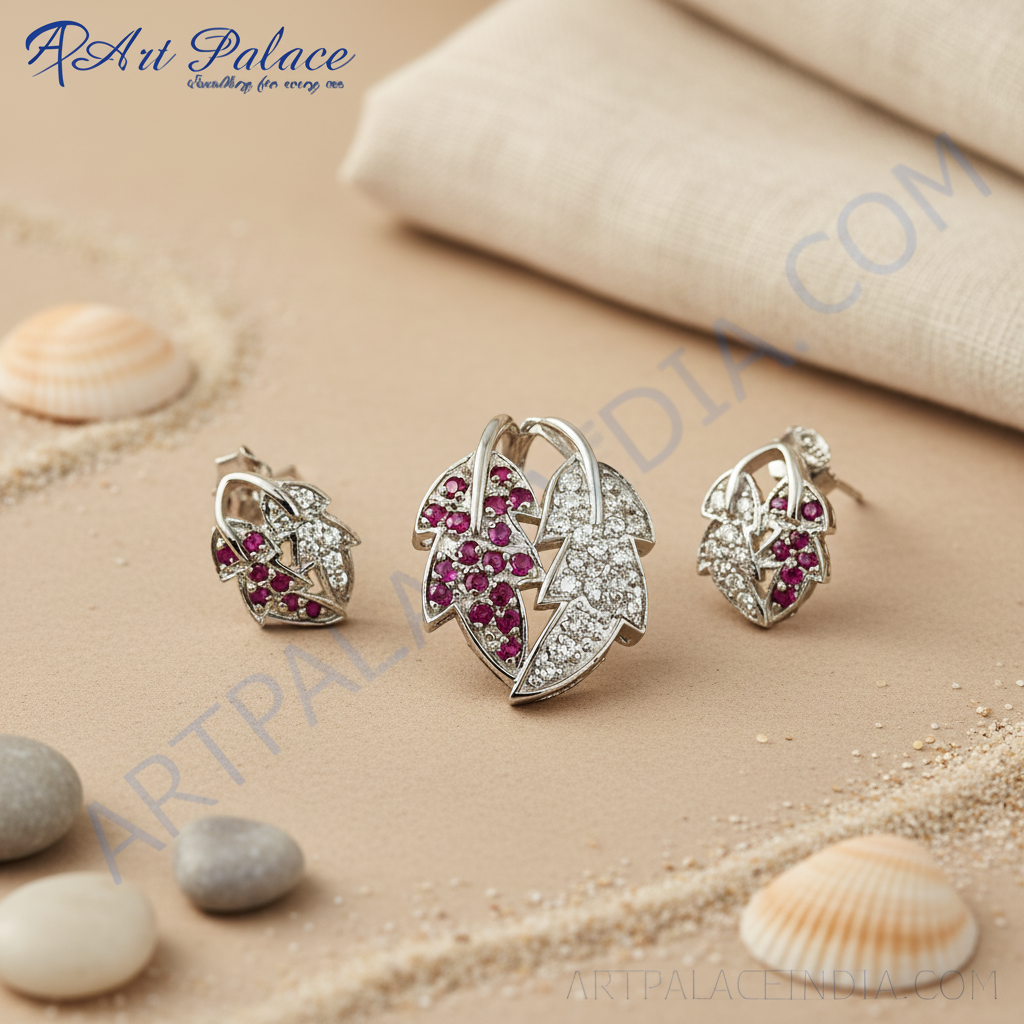 银色红宝石叶子耳环吊坠套装 | 女士珠宝礼品