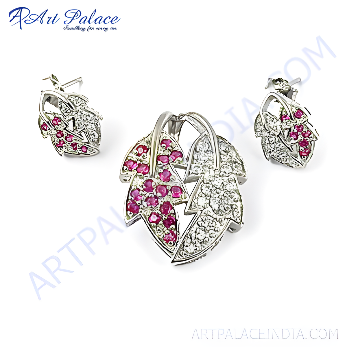Silver leaf earrings and pendant set with red ruby gemstones, a perfect gift for women