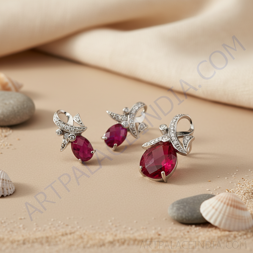 Silver Ruby Earrings and Pendant Set for Women | Gift Jewelry
