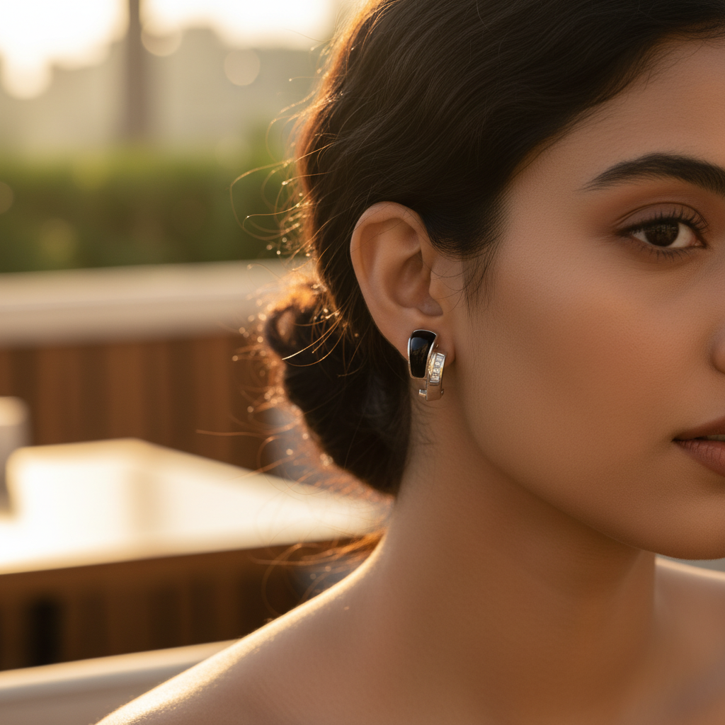 Pendientes de plata con ónix y diamantes baguette para mujer