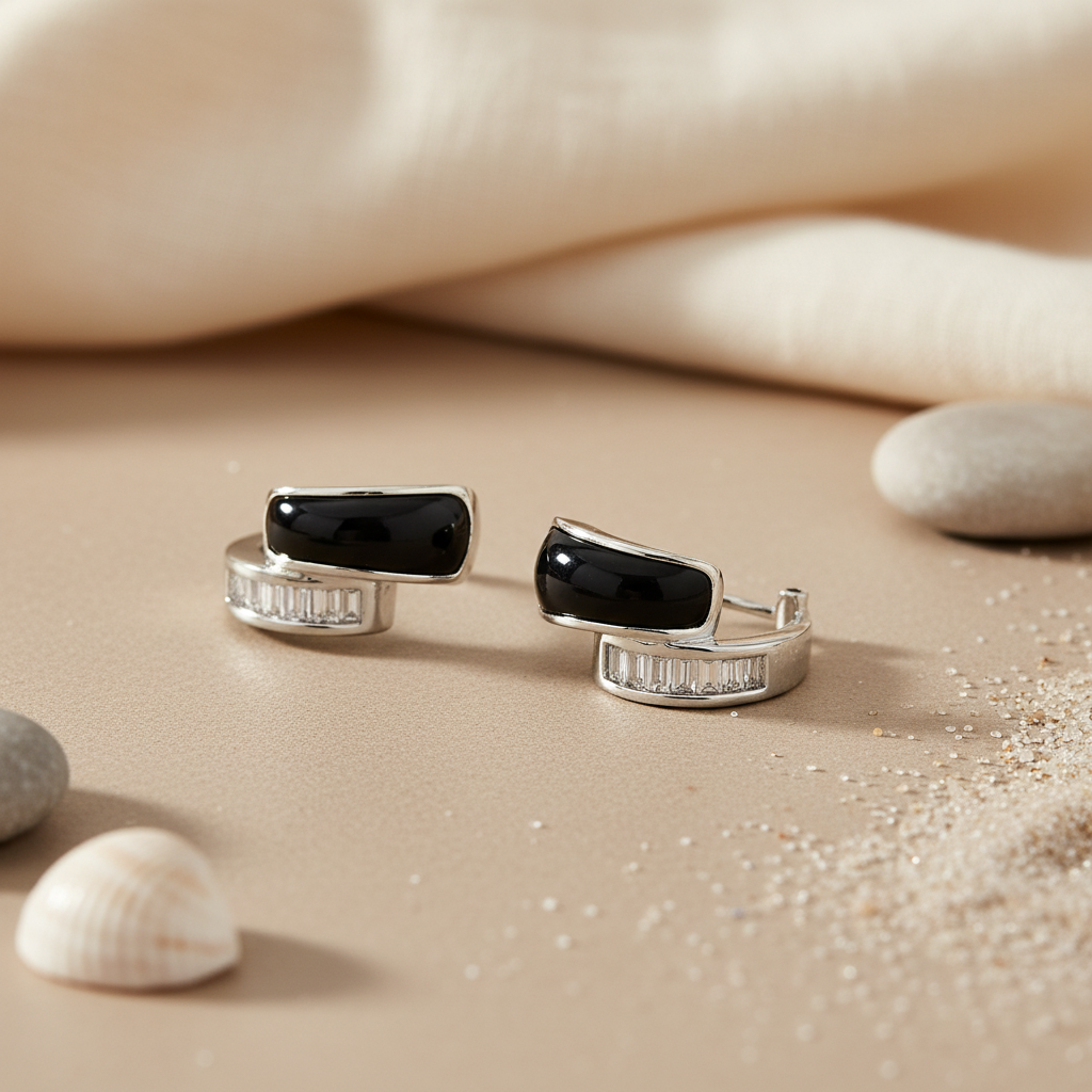 Pendientes de plata con ónix y diamantes baguette para mujer