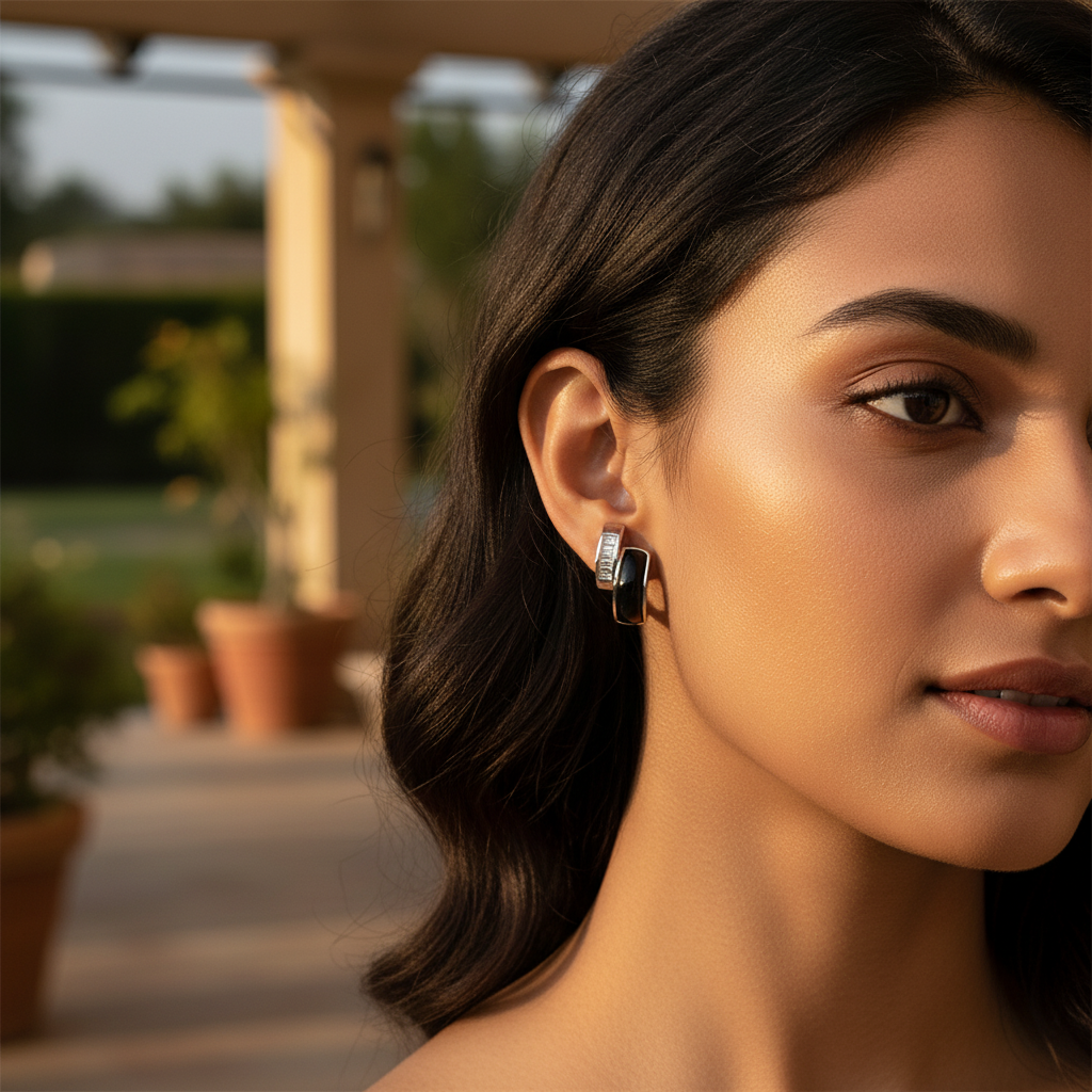 Silver Onyx & Baguette Diamond Earrings for Women