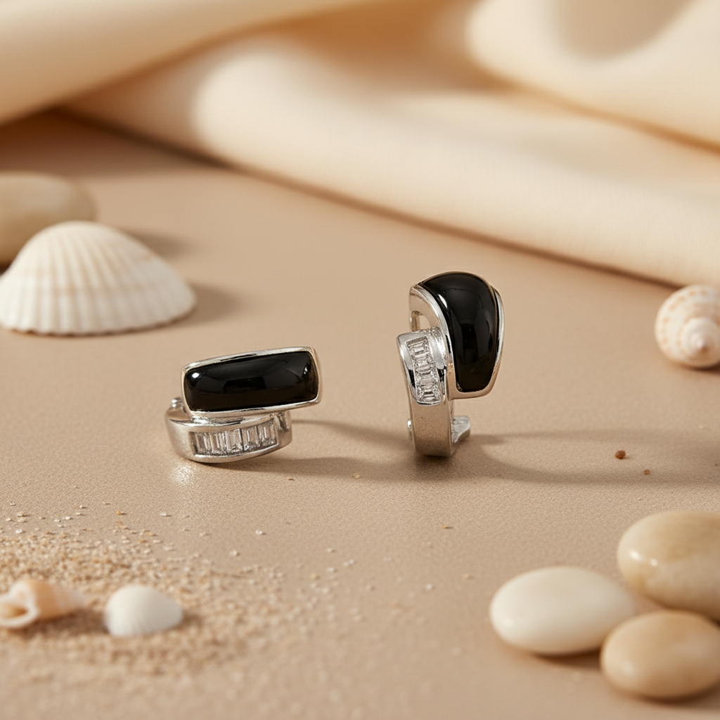 Silver Onyx & Baguette Diamond Earrings for Women