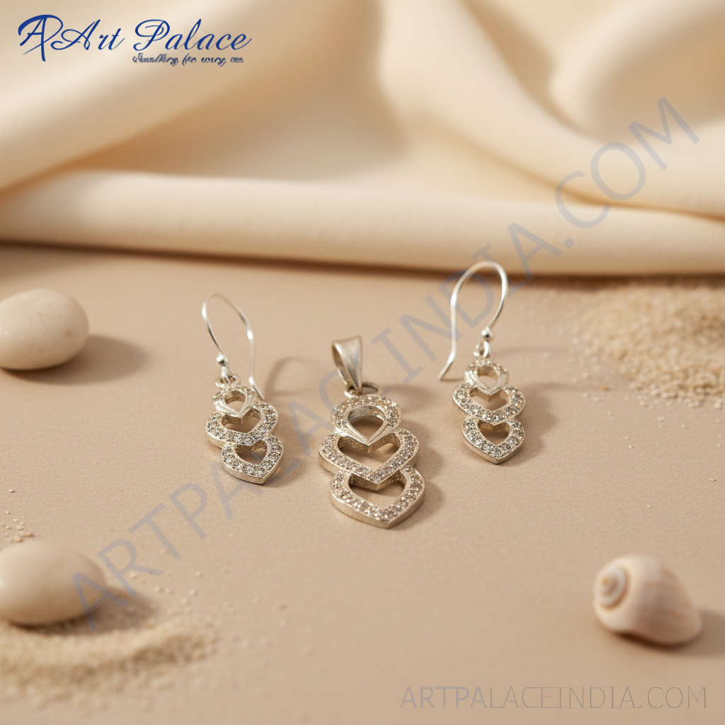 Gold Crystal Heart Pendant Earrings Set for Women | Gift