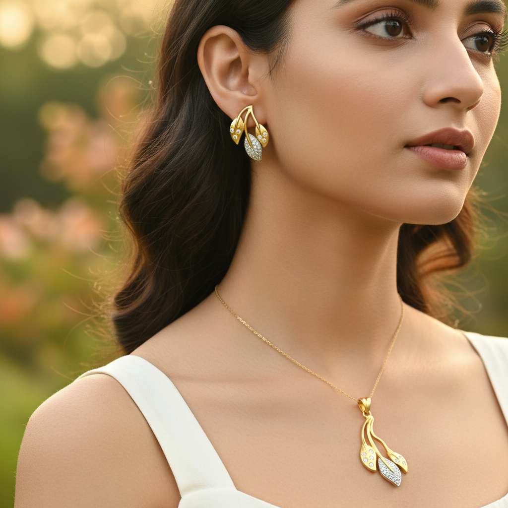 gold plating Leaf Jewelry Set with CZ Stones | Women's Fashion