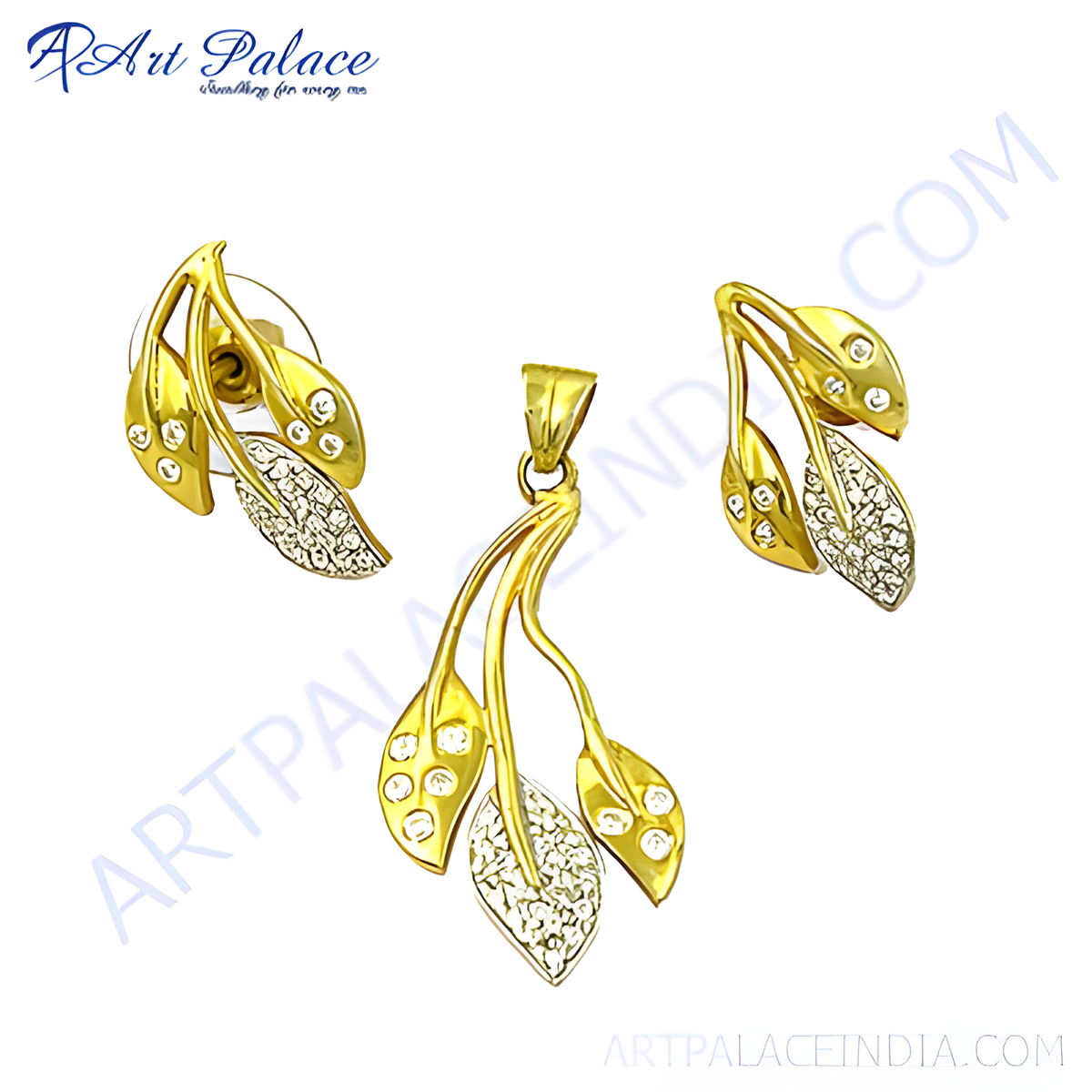 Gold plating leaf jewelry set featuring a pendant and earrings with cz stones