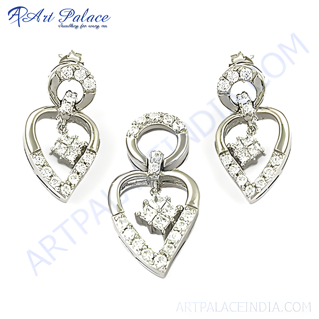 Sterling silver pendant and earring set featuring heart-shaped design and diamond accents for women.