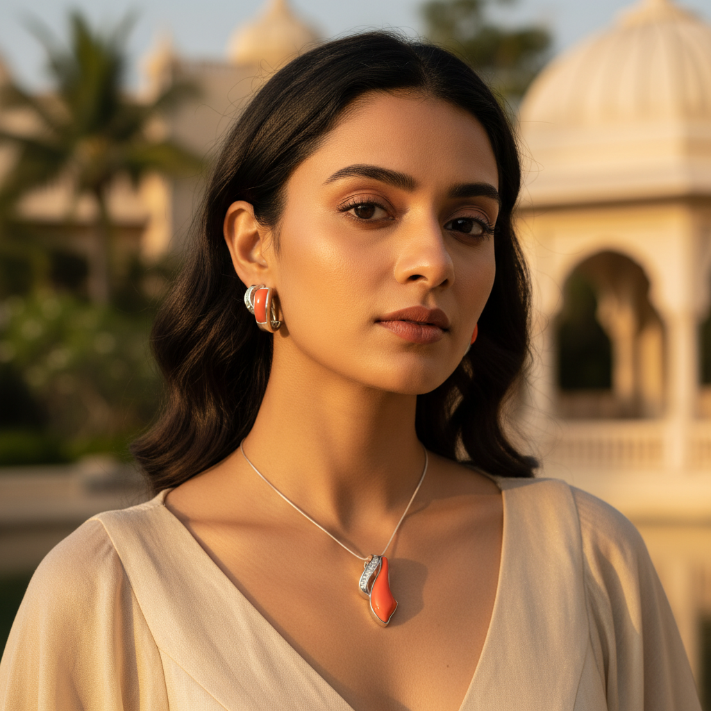 Conjunto de aretes y colgante de coral plateado | Joyería para mujer