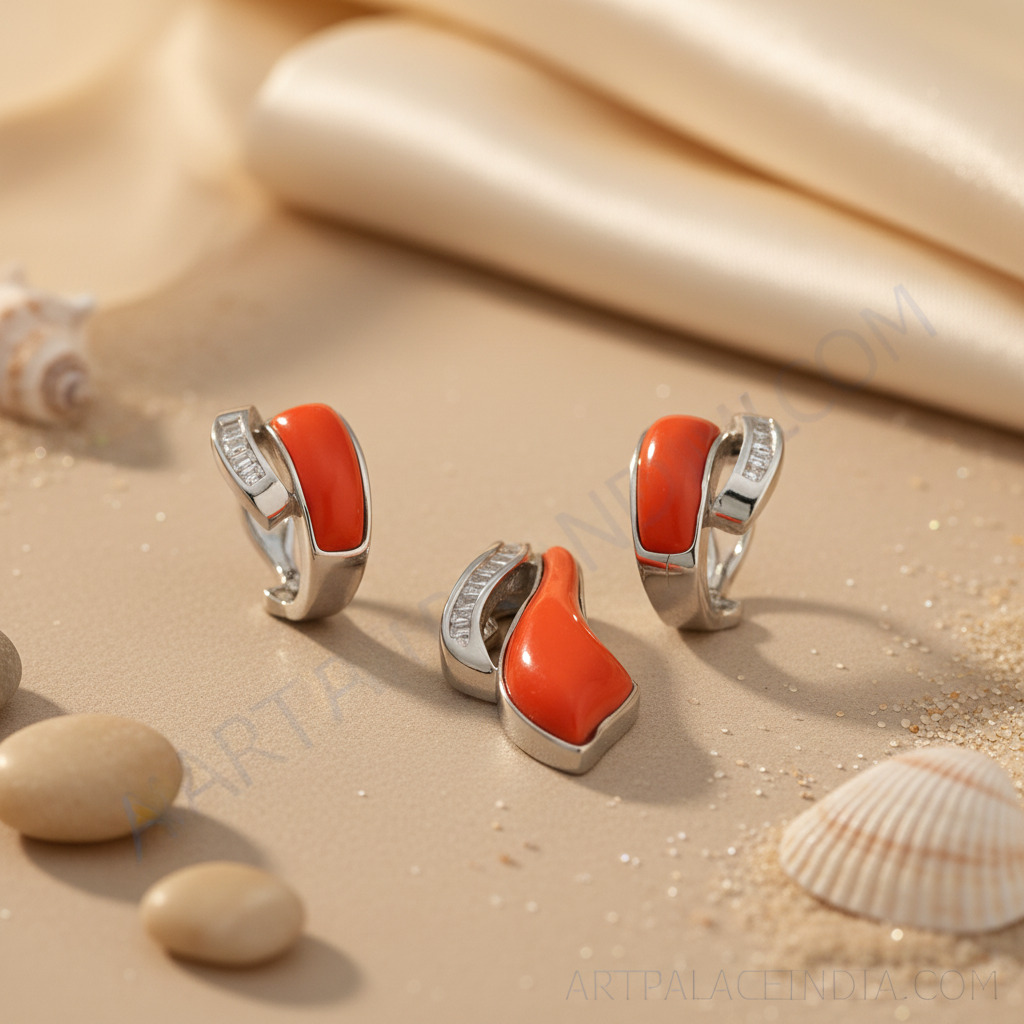 Conjunto de aretes y colgante de coral plateado | Joyería para mujer