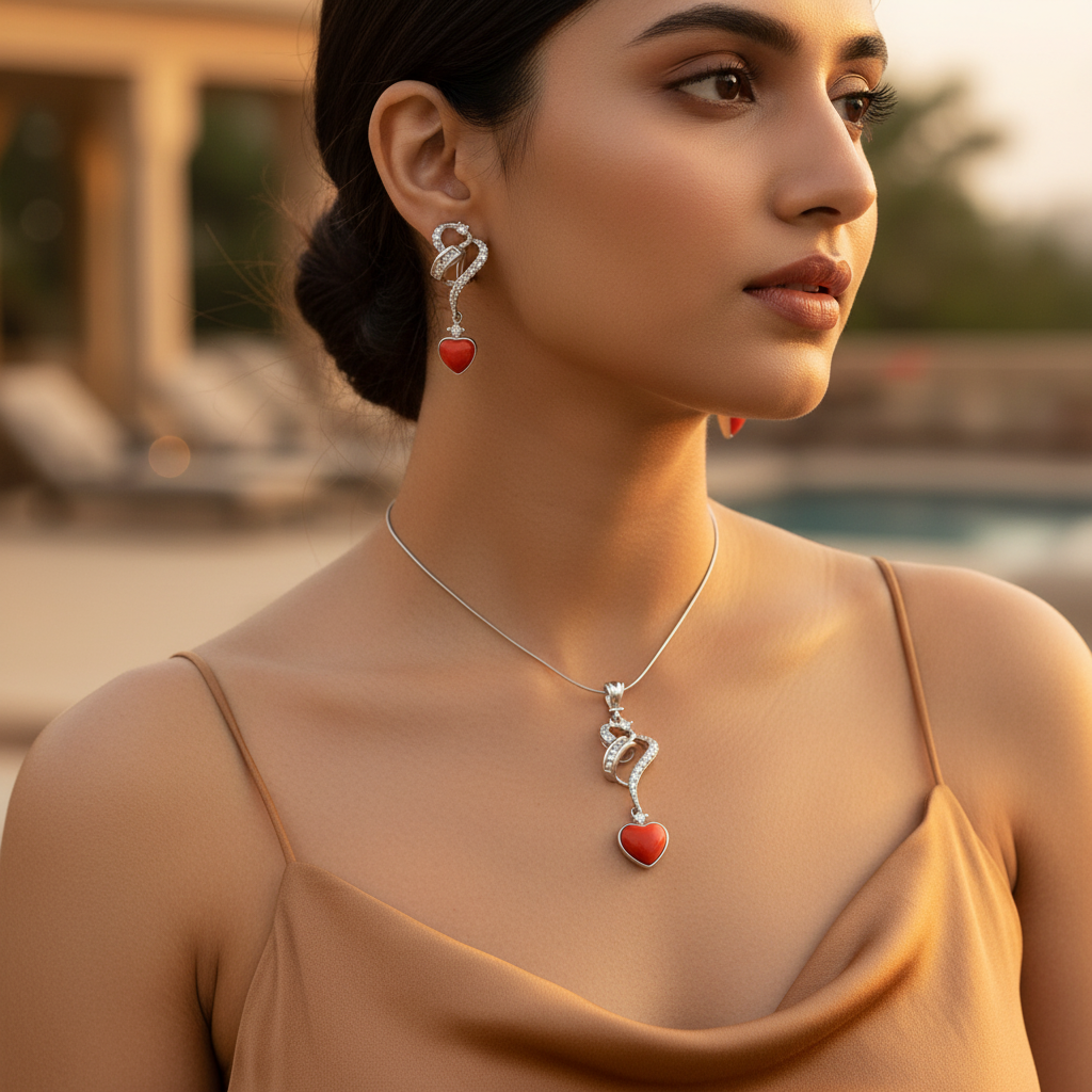 Silver Heart Pendant Earrings Set | Coral Gemstone Jewelry