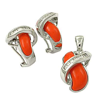 Silver coral jewelry set | gemstone earrings, pendant | for women