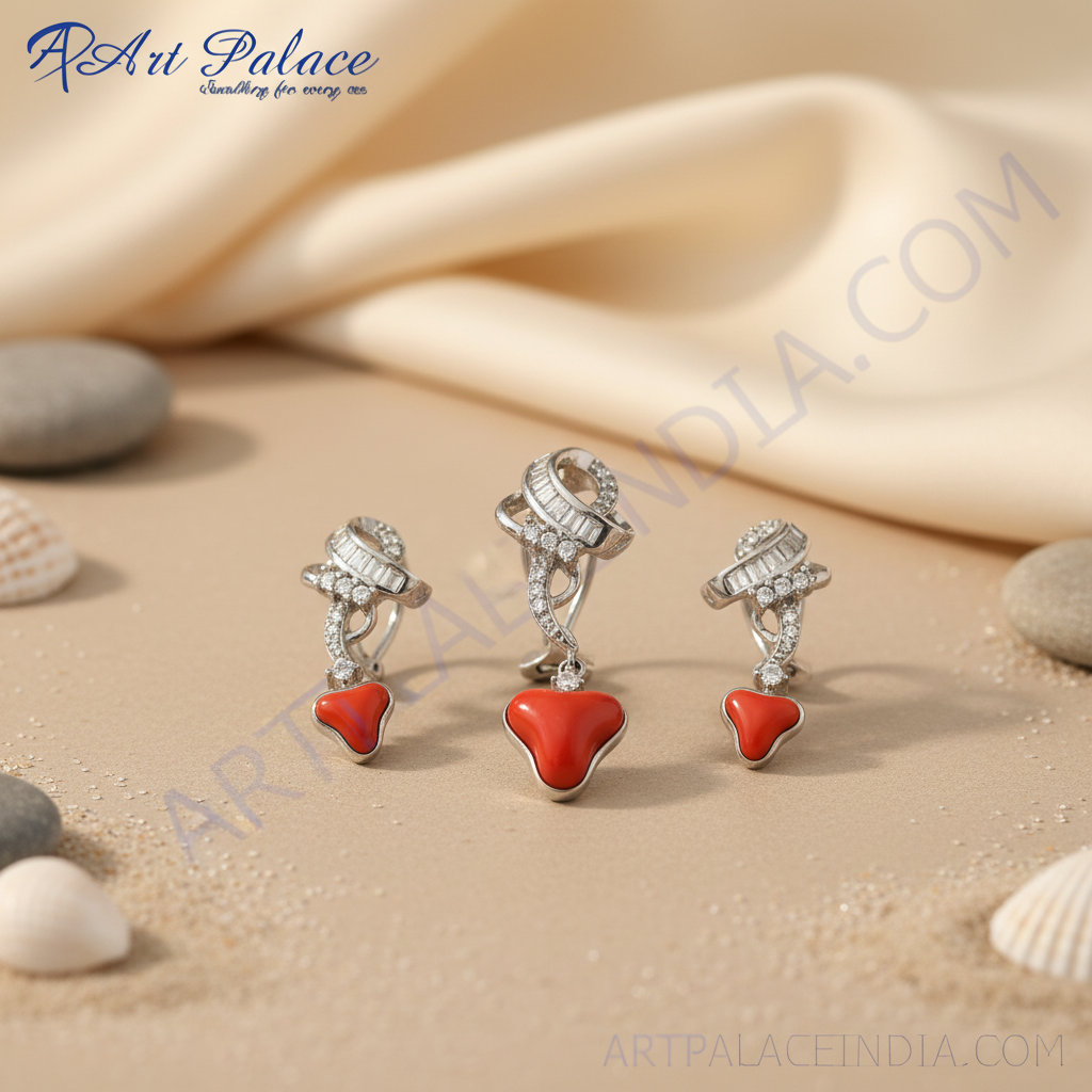 Juego de pendientes de coral plateado para mujer | pendientes colgantes | regalo