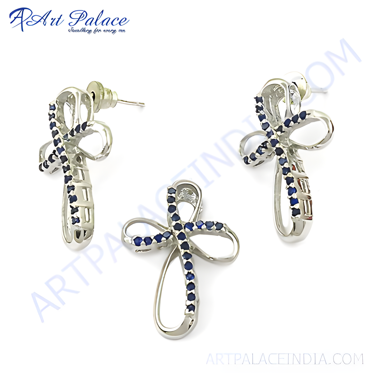 925 sterling silver cross pendant and earrings set with blue sapphires, a beautiful and elegant jewelry