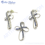Load image into Gallery viewer, 925 sterling silver cross pendant and earrings set with blue sapphires, a beautiful and elegant jewelry
