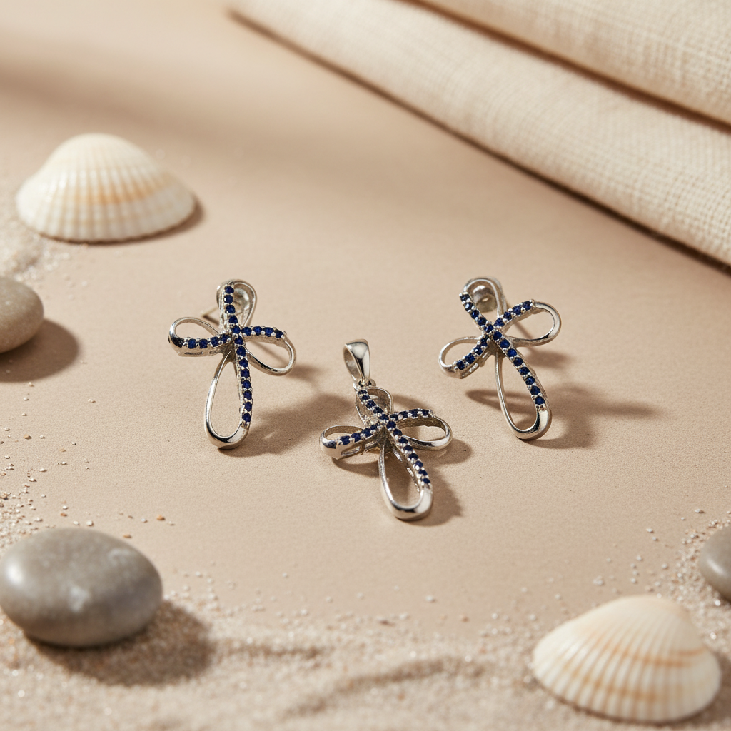 925 Silver Blue Sapphire Cross Pendant Set for Women