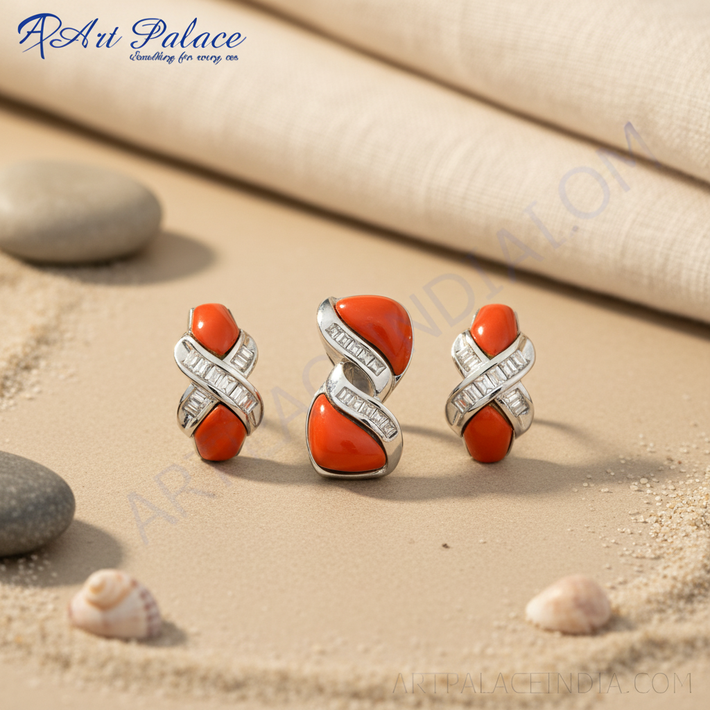 Silver Coral Earrings & Pendant Set | Women's Jewelry Gift