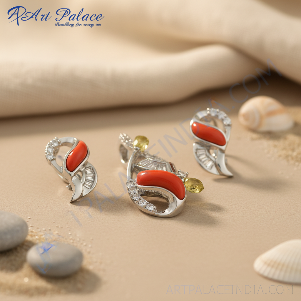 Juego de pendientes colgantes de piedras preciosas de coral plateado para mujer