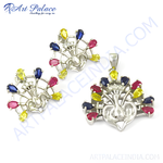 将图像加载到图库查看器中， Sterling silver peacock earrings and pendant set with multi-colored gemstones on a white background.
