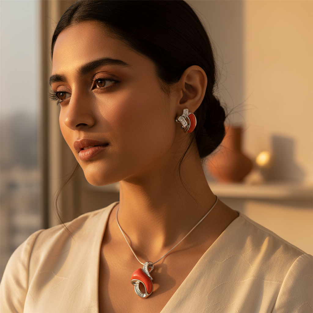 Silver coral gemstone jewelry set for women | gift jewelry