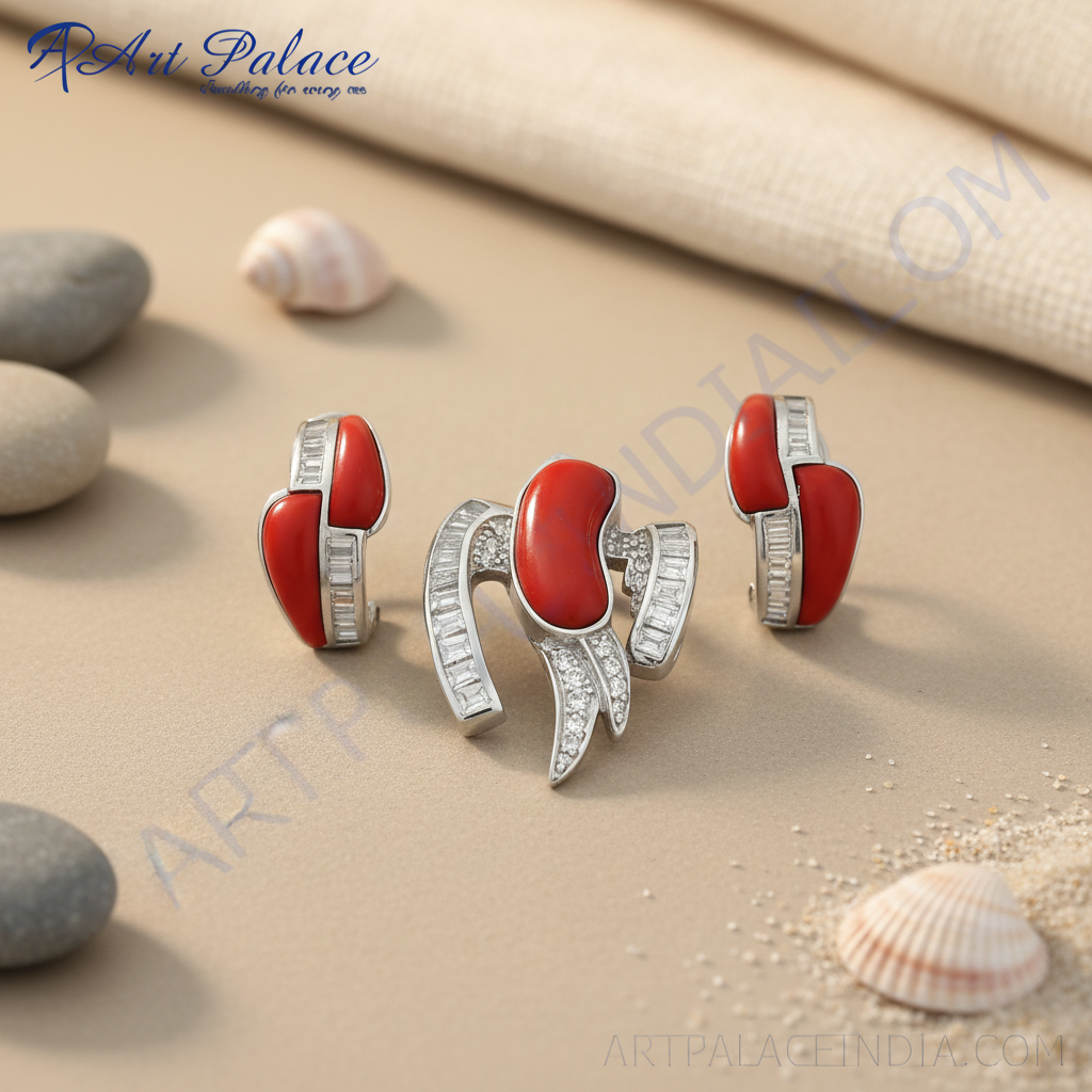 银珊瑚首饰套装 | 纯银耳环和吊坠