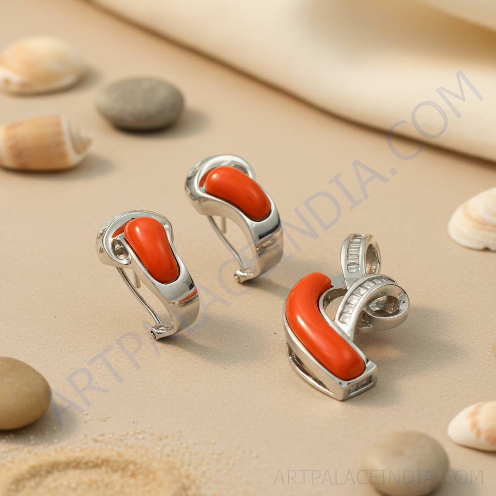 Conjunto de aretes y colgante de coral plateado | regalo de joyería para mujer