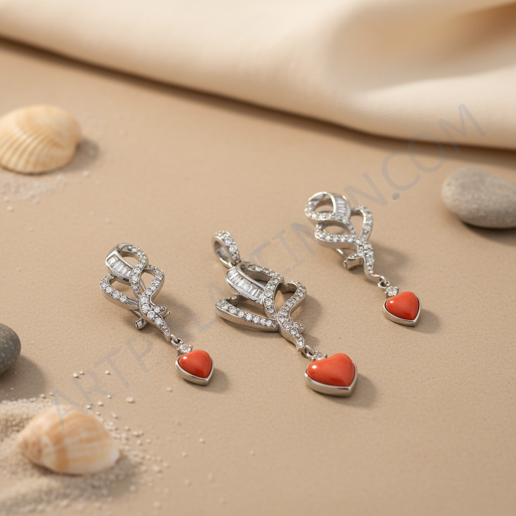 Silver Heart Pendant Earrings Set | Coral Gemstone Jewelry