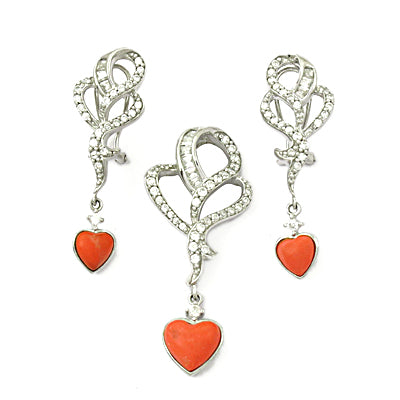 Silver heart pendant earrings set | coral gemstone jewelry