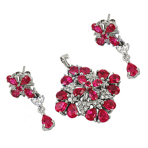 Silver Ruby Pendant Earrings Set | Women's Jewelry Gift