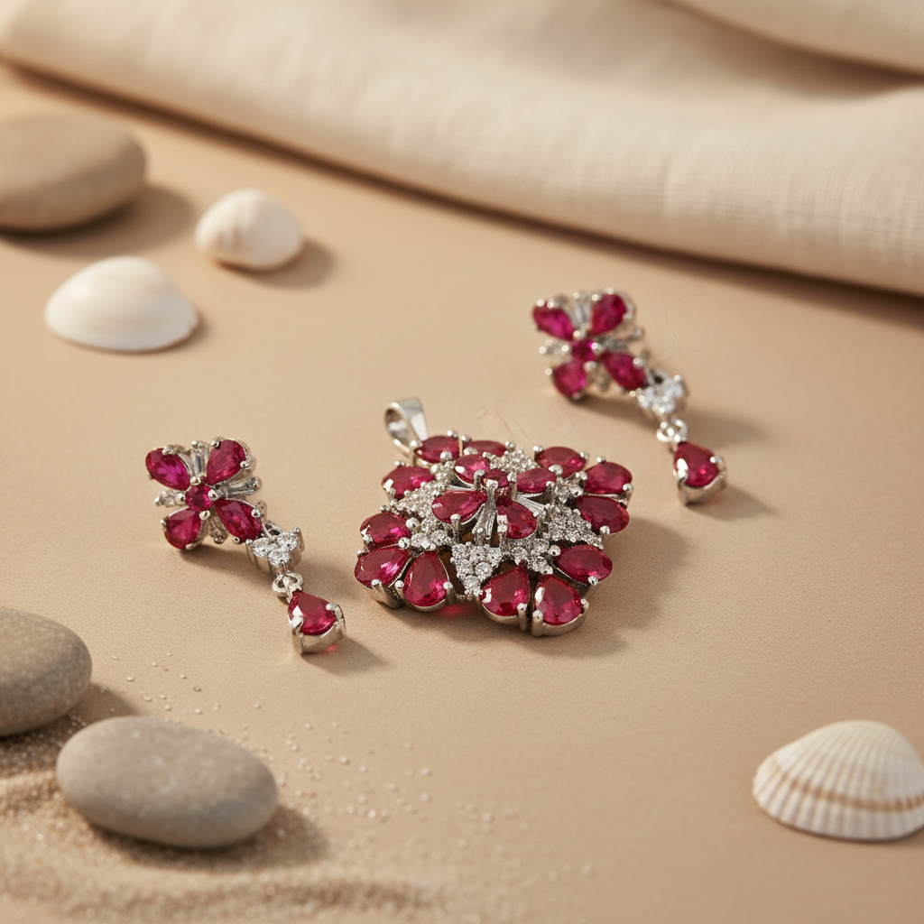 Silver Ruby Pendant Earrings Set | Women's Jewelry Gift