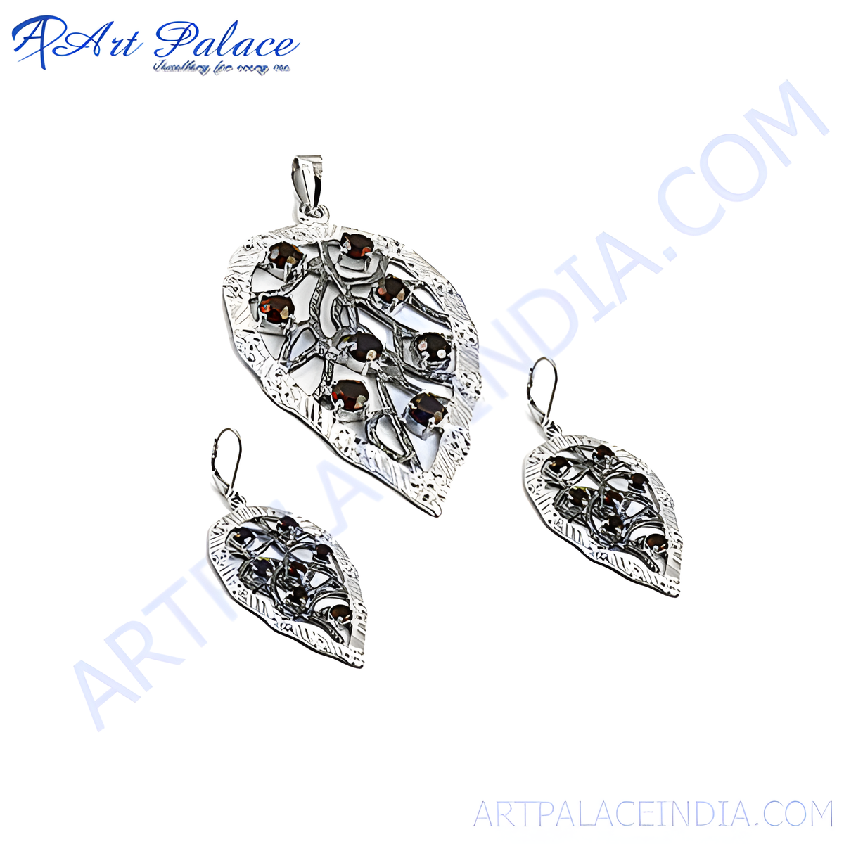 Sterling silver leaf pendant and earrings set with red garnet gemstones for women
