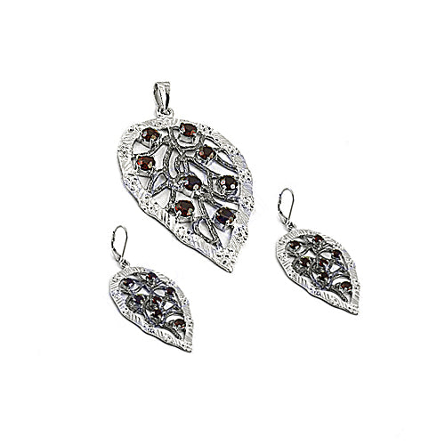 925 Silver Garnet Leaf Pendant & Earrings Set for Women