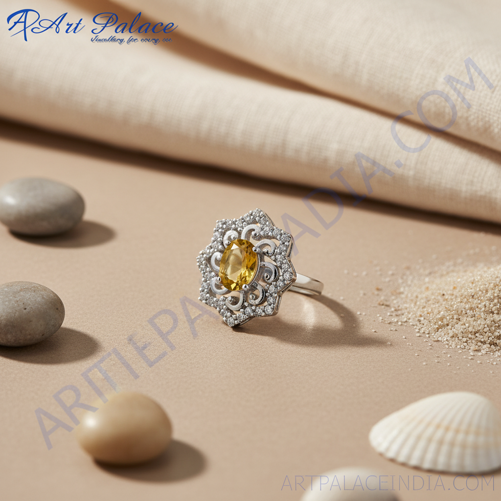 黄水晶宝石首饰套装 | 925银戒指、吊坠和耳环