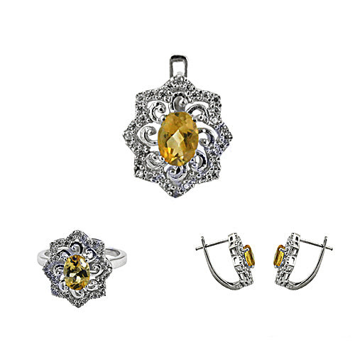Citrine gemstone jewelry set | 925 silver ring, pendant & earrings