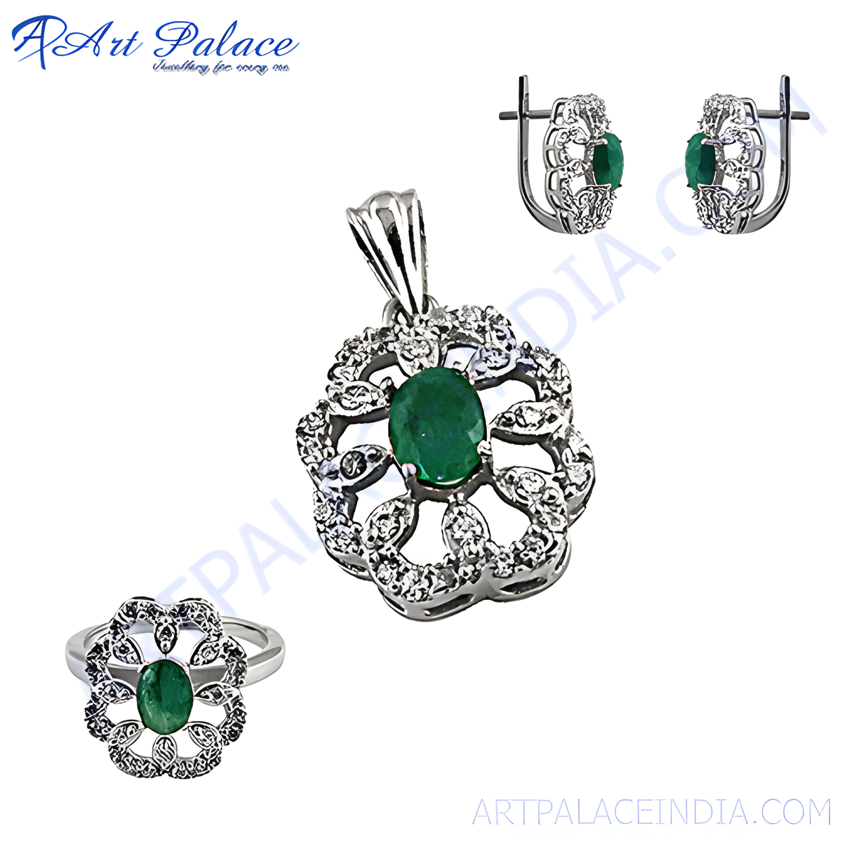 Sterling silver emerald jewelry set featuring a pendant, ring, and earrings with green emerald gemstones