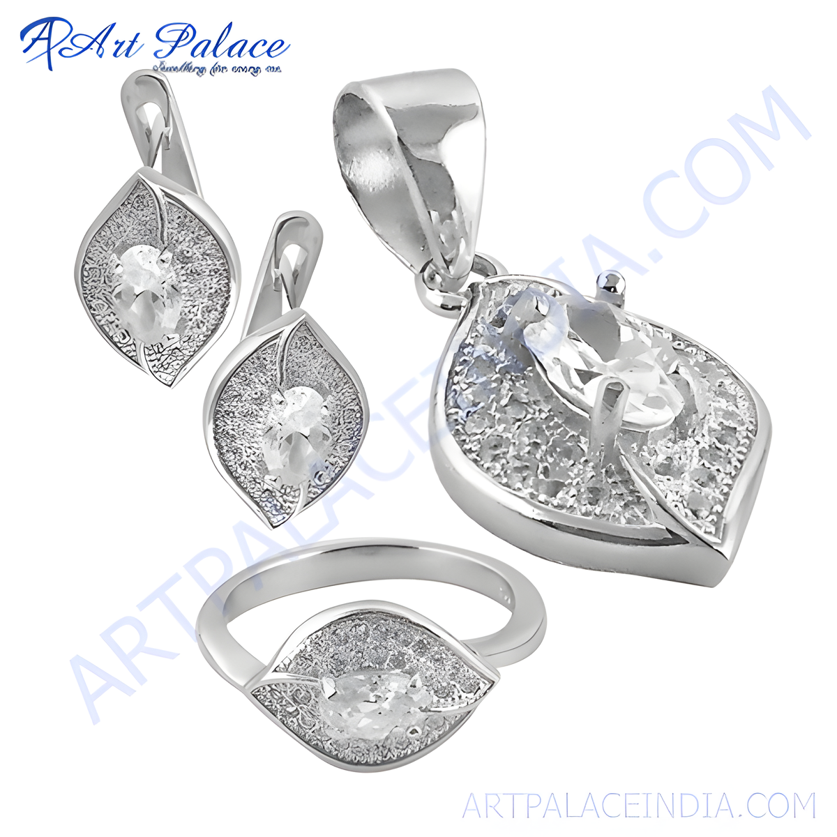 Silver leaf jewelry set including a ring, earrings and pendant with stone