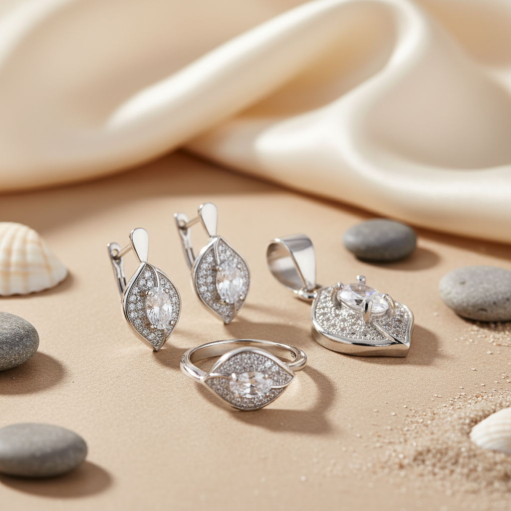 Silver Leaf Jewelry Set - Earrings, Pendant & Ring | Gift for Her