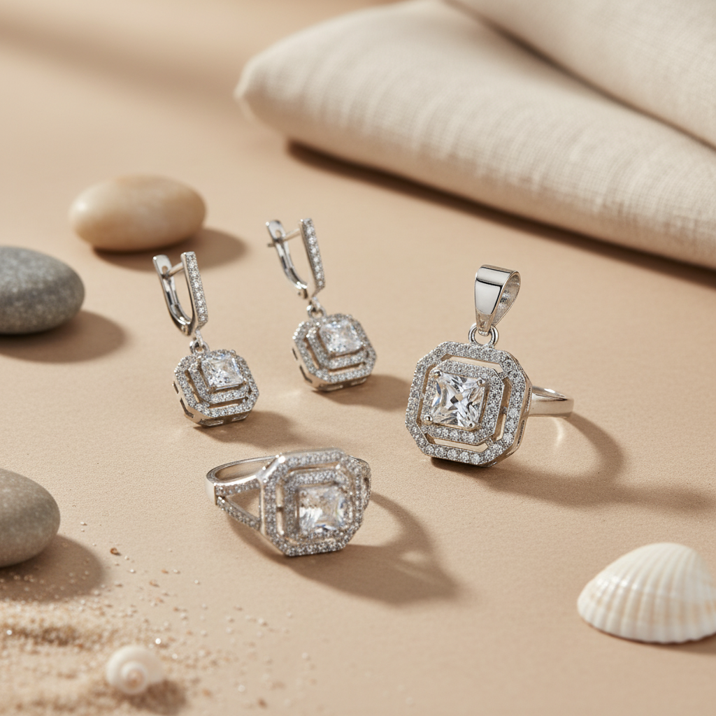 925 Silver Cubic Zirconia Jewelry Set | Earrings, Ring & Pendant