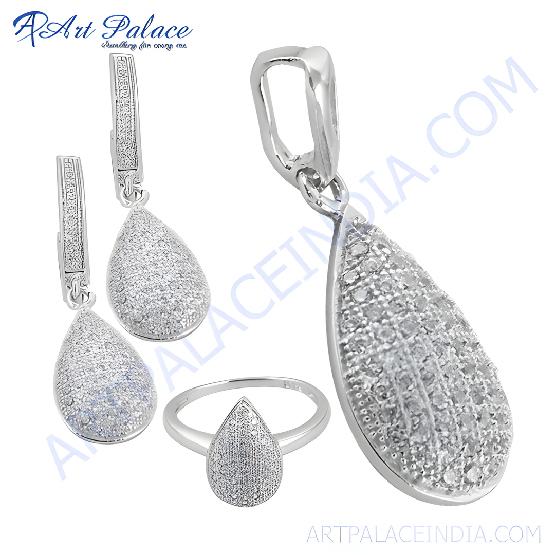 925 sterling silver jewelry set with teardrop-shaped cubic zirconia stones: earrings, pendant, and ring