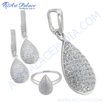 Load image into Gallery viewer, 925 sterling silver jewelry set with teardrop-shaped cubic zirconia stones: earrings, pendant, and ring
