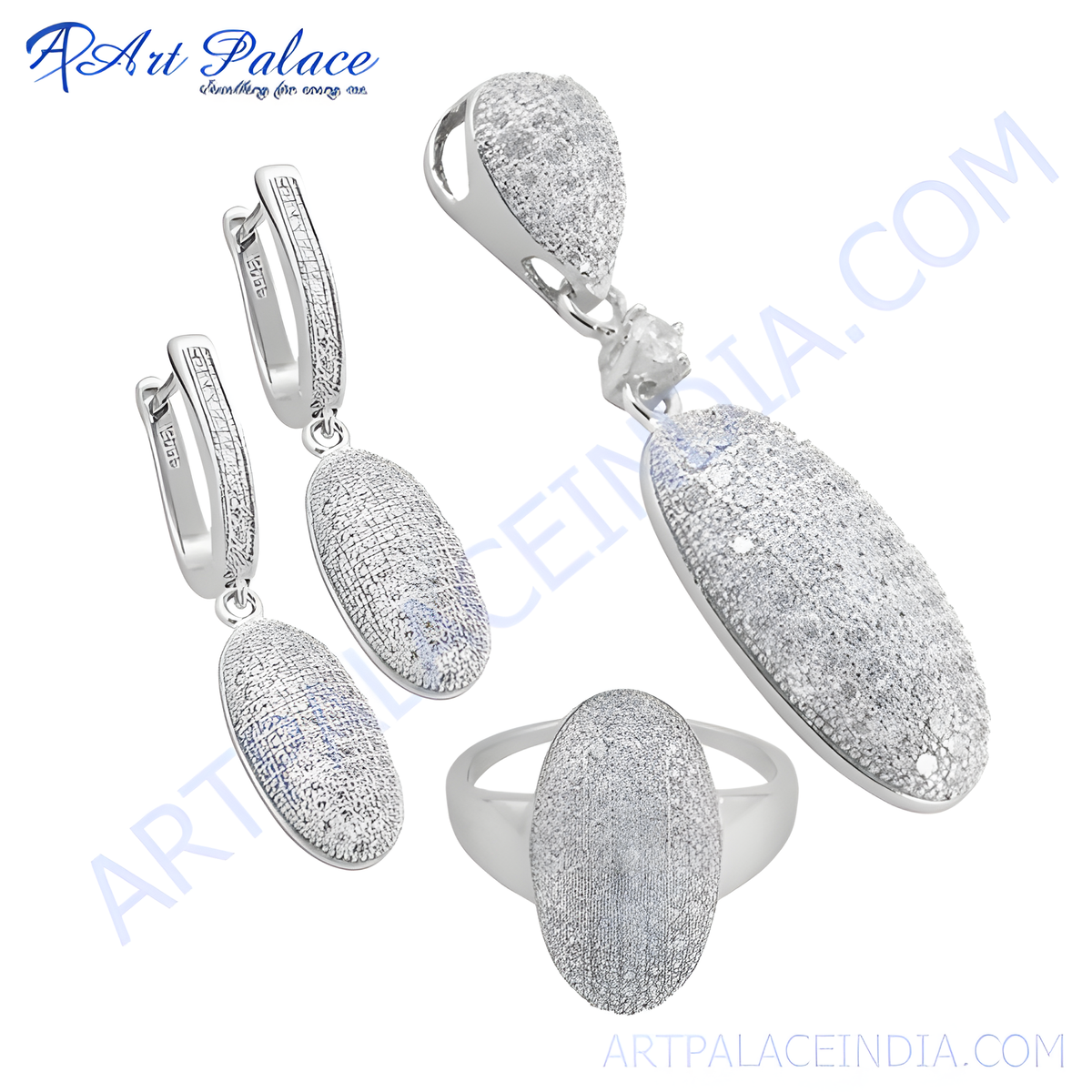 925 sterling silver jewelry set featuring cubic zirconia stones: earrings, pendant, and ring