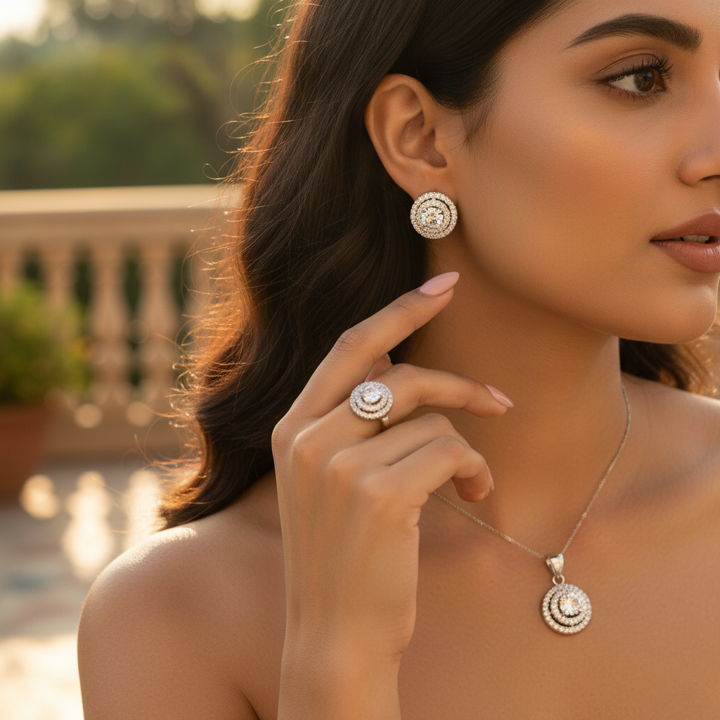 925 Silver Cubic Zirconia Jewelry Set | Earrings Ring Pendant