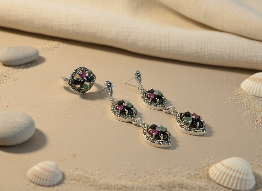 925 Silver Gemstone Ring & Earrings Set | Women's Jewelry