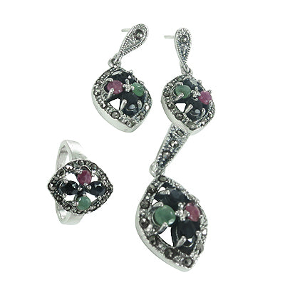 925 Silver Gemstone Ring & Earrings Set | Women's Jewelry