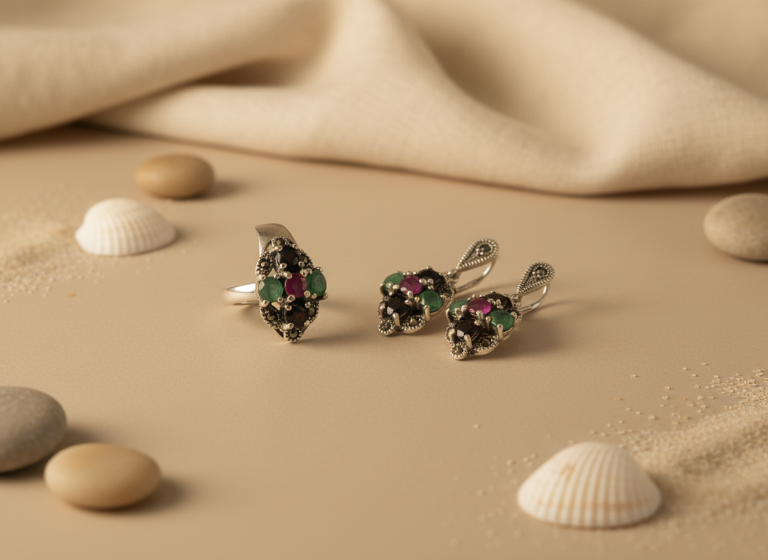 925 Silver Gemstone Ring & Earrings Set | Women's Jewelry Gift