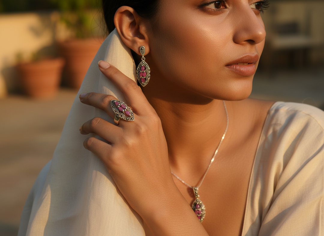 Conjunto de joyas de rubí en plata 925 | Pendientes, anillo y colgante - Regalo para mujer