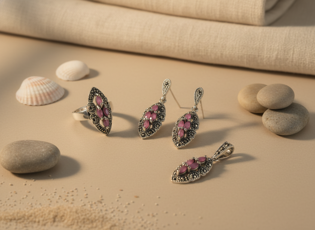 Conjunto de joyas de rubí en plata 925 | Pendientes, anillo y colgante - Regalo para mujer